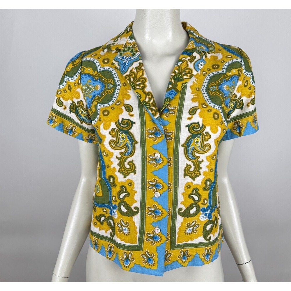 Haute Hippie Linen Short Sleeve Shirt Women XS EUC Paisley Button-up Collared